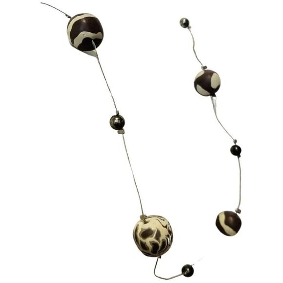 Vintage Black Beige Animal Print Beaded Silver Tone Strand Station Necklace 42” - Picture 6 of 7